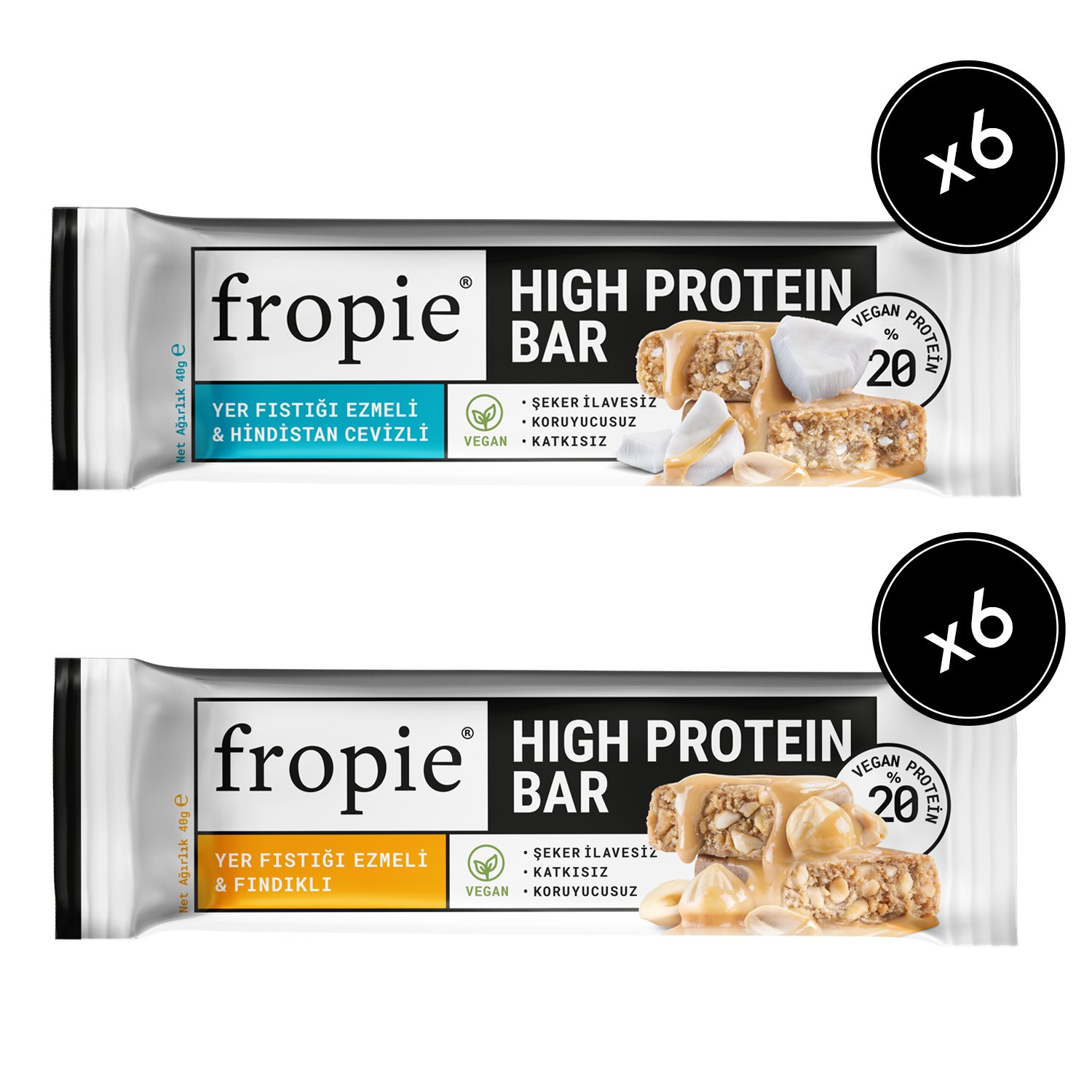Fropie Vegan High Protein Bar 12'li Set - Yer Fıstık Ezmeli & Fındıklı & Hindistan Cevizli