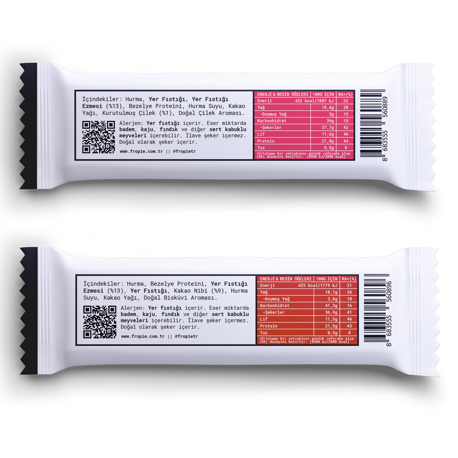Fropie Vegan High Protein Bar 6’lı Set - Yer Fıstık Ezmeli & Çilekli & Kakao Nibli