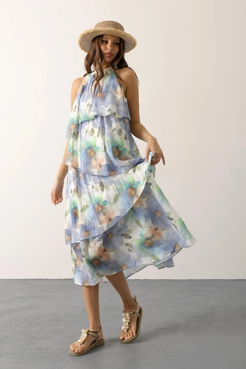 Çiçek Desenli Yaka Detaylı Kat Kat Elbise