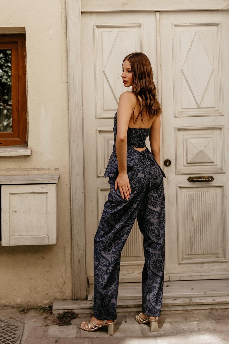 Şal Desenli Denim Yelek Pantolon Takımı