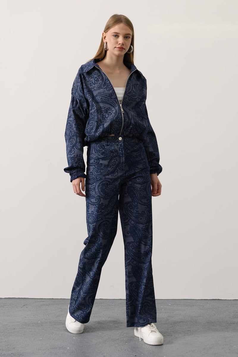 Etnik Desenli Denim Ceket Pantolon Takımı