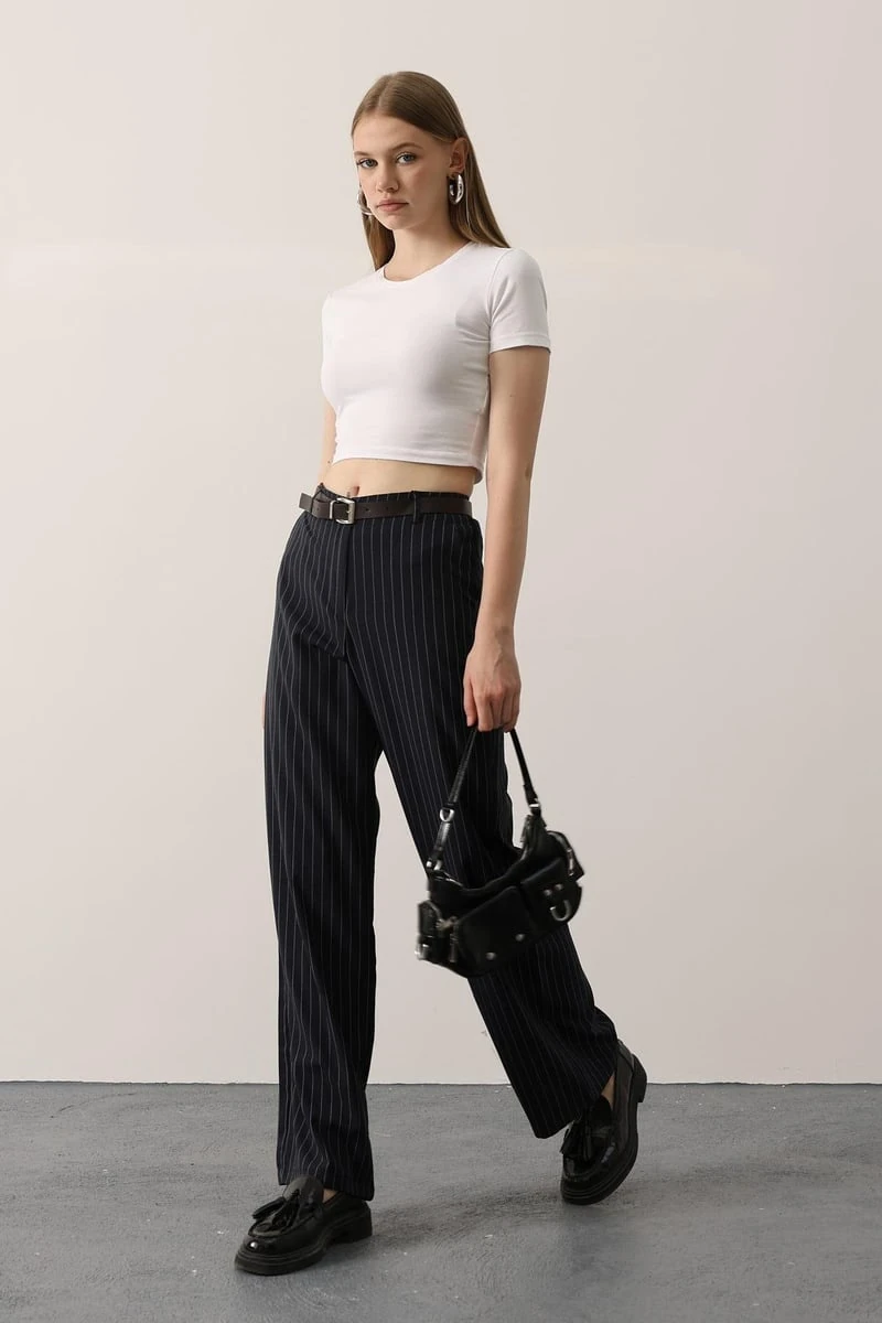 Kemerli Palazzo Pantolon - Lacivert Beyaz