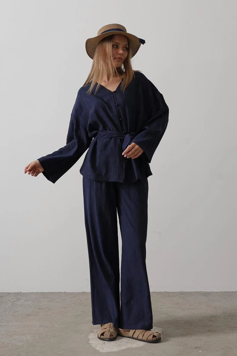 Beli Bağlamalı Tunik Ve Beli Bağlamalı Pantolon Takım - Lacivert