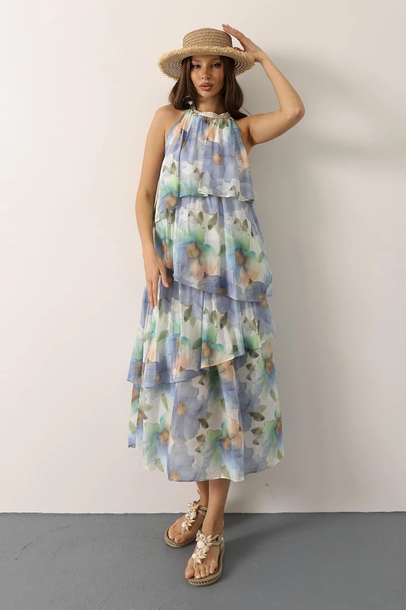 Çiçek Desenli Yaka Detaylı Kat Kat Elbise