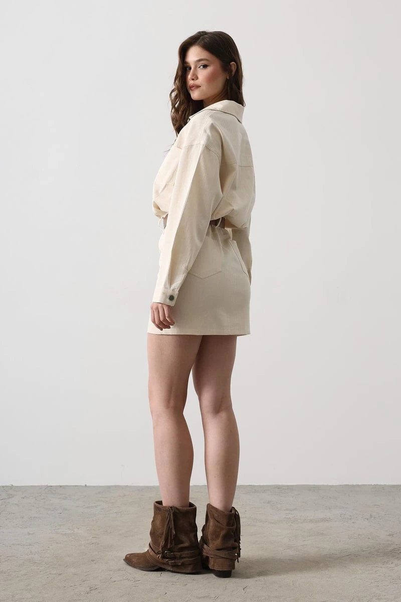 Kemer Detaylı Balıksırtı Gömlek Elbise - Natür