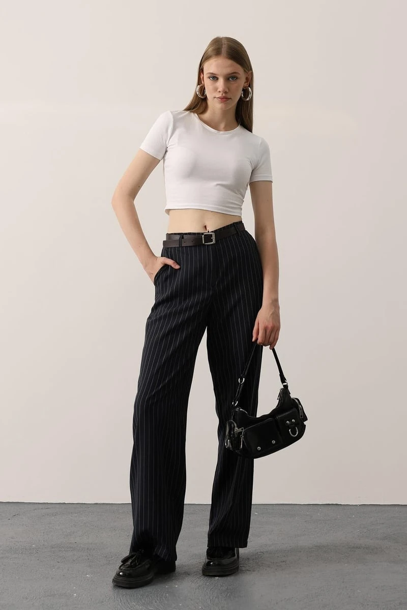 Kemerli Palazzo Pantolon - Lacivert Beyaz