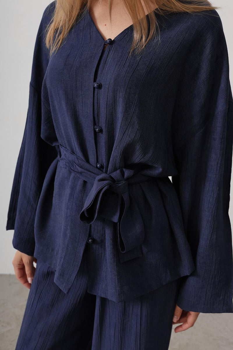 Beli Bağlamalı Tunik Ve Beli Bağlamalı Pantolon Takım - Lacivert