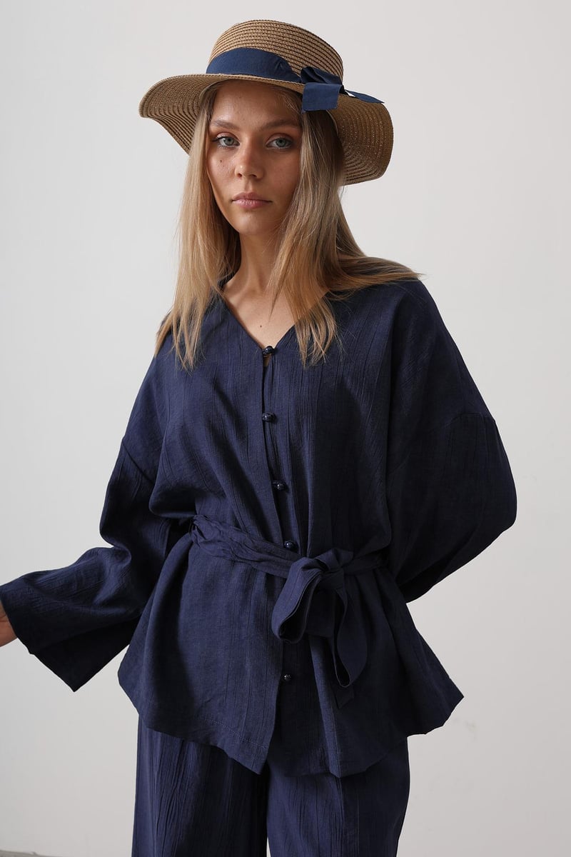 Beli Bağlamalı Tunik Ve Beli Bağlamalı Pantolon Takım - Lacivert