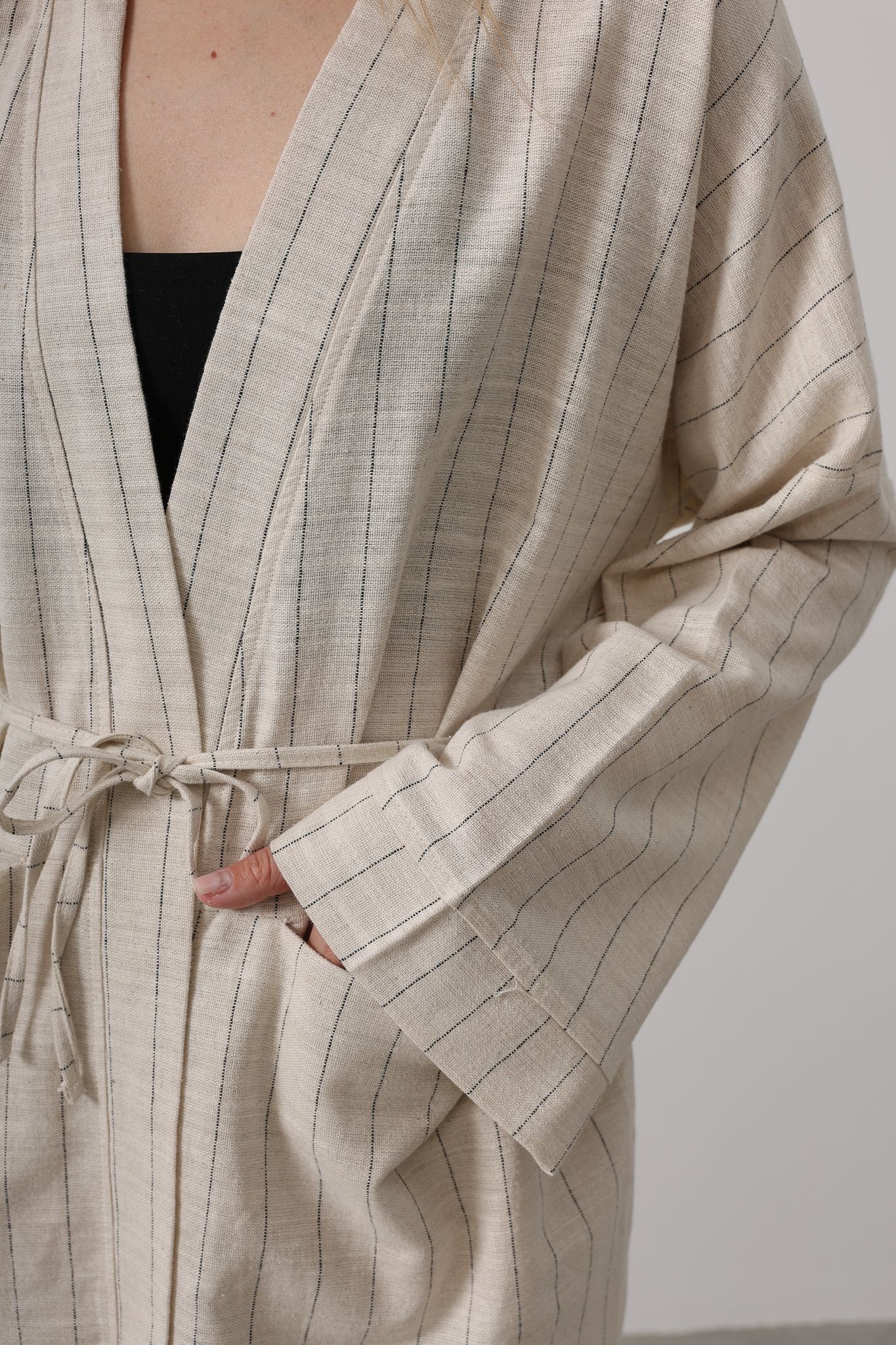Çizgi Detaylı Keten Kimono Takımı
