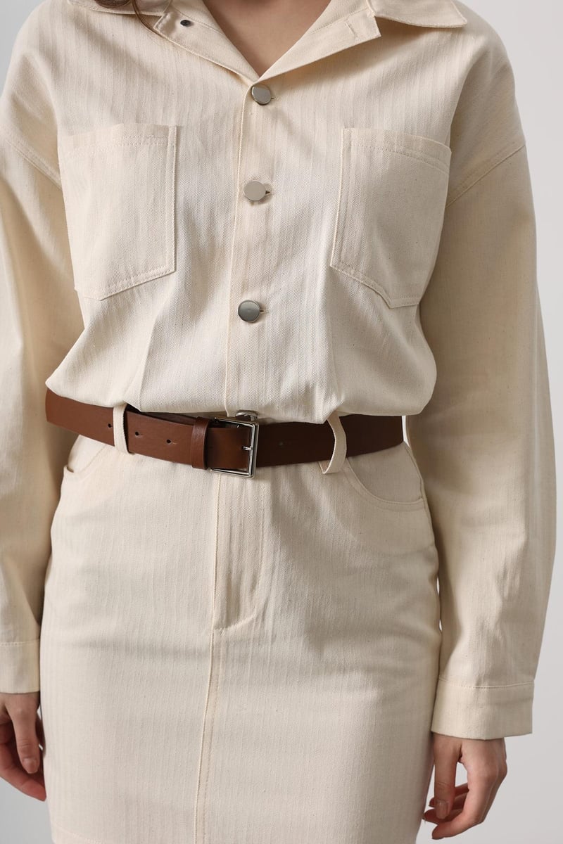 Kemer Detaylı Balıksırtı Gömlek Elbise - Natür