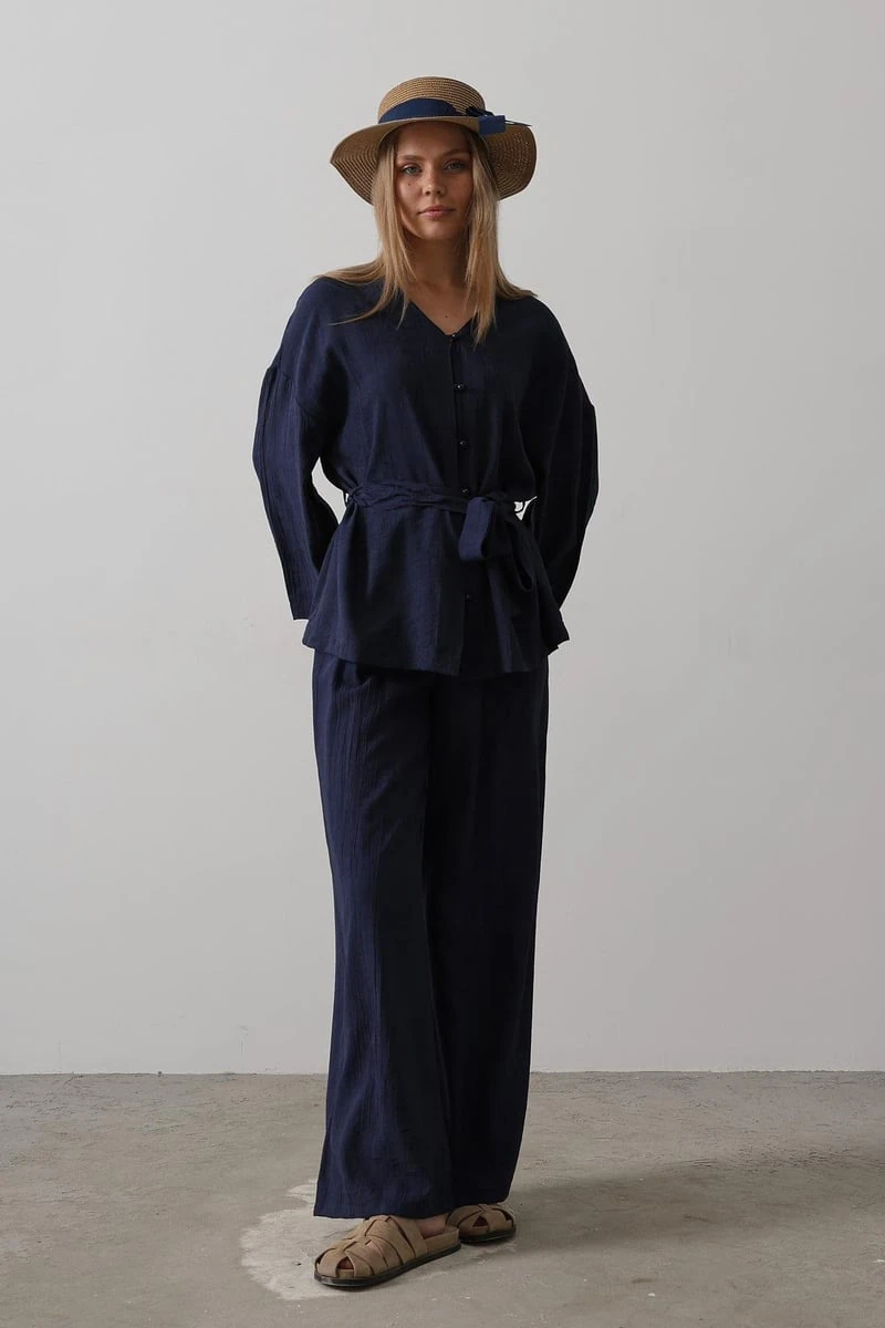 Beli Bağlamalı Tunik Ve Beli Bağlamalı Pantolon Takım - Lacivert