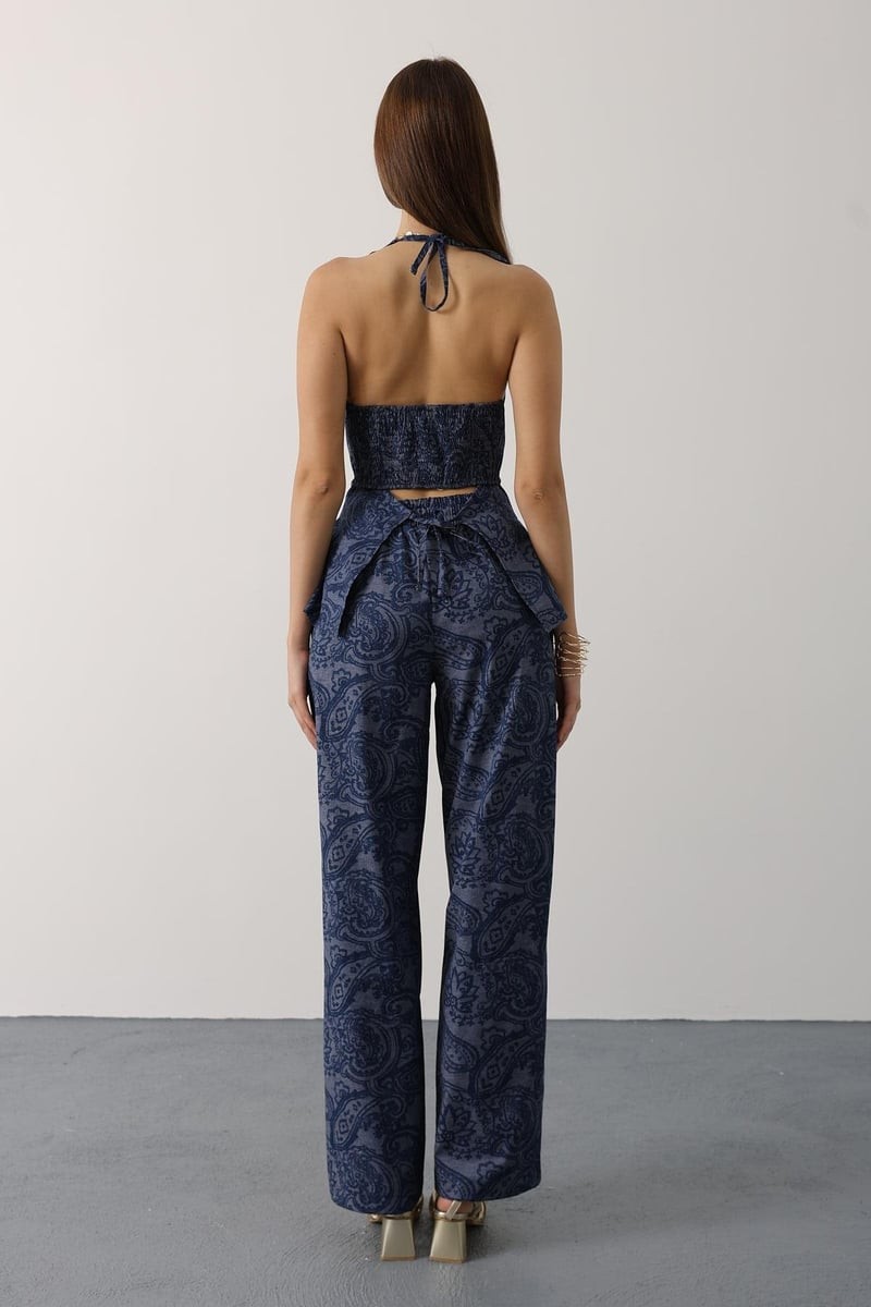 Şal Desenli Denim Yelek Pantolon Takımı