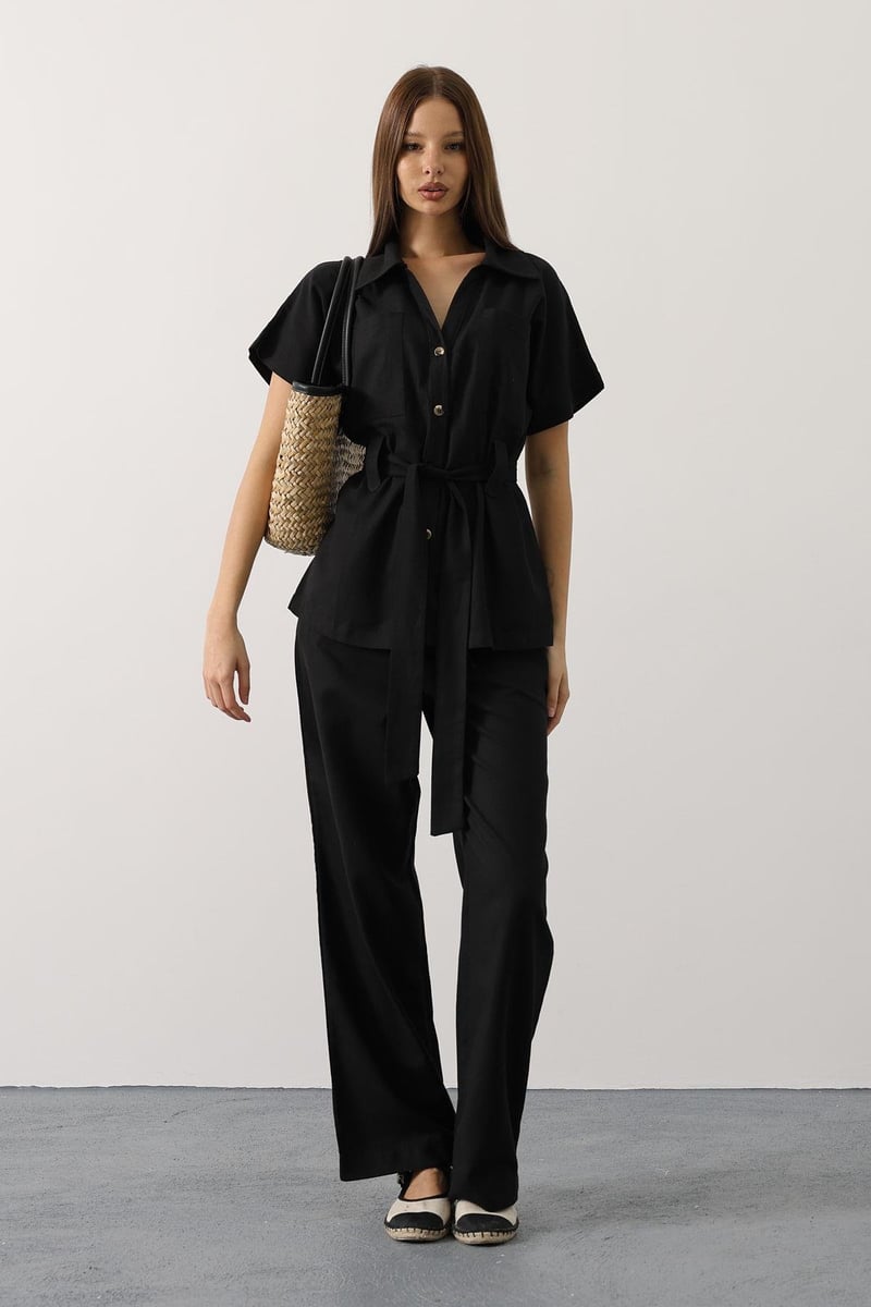 Kuşaklı Cep Detaylı Pantolon Takım