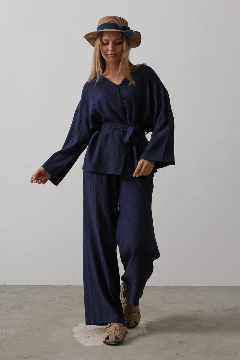 Beli Bağlamalı Tunik Ve Beli Bağlamalı Pantolon Takım - Lacivert