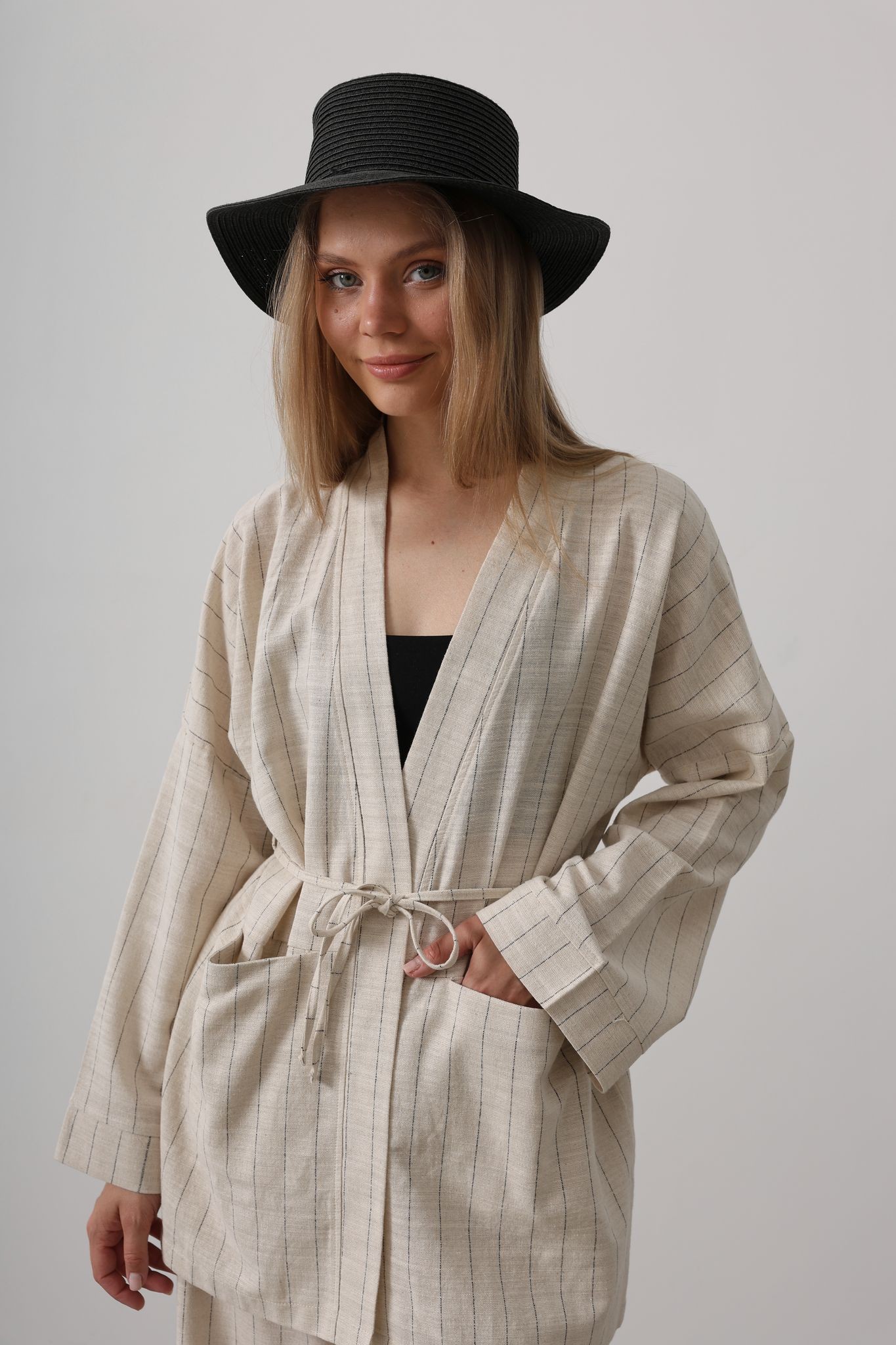 Çizgi Detaylı Keten Kimono Takımı
