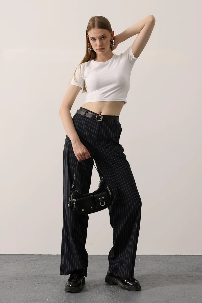 Kemerli Palazzo Pantolon - Lacivert Beyaz