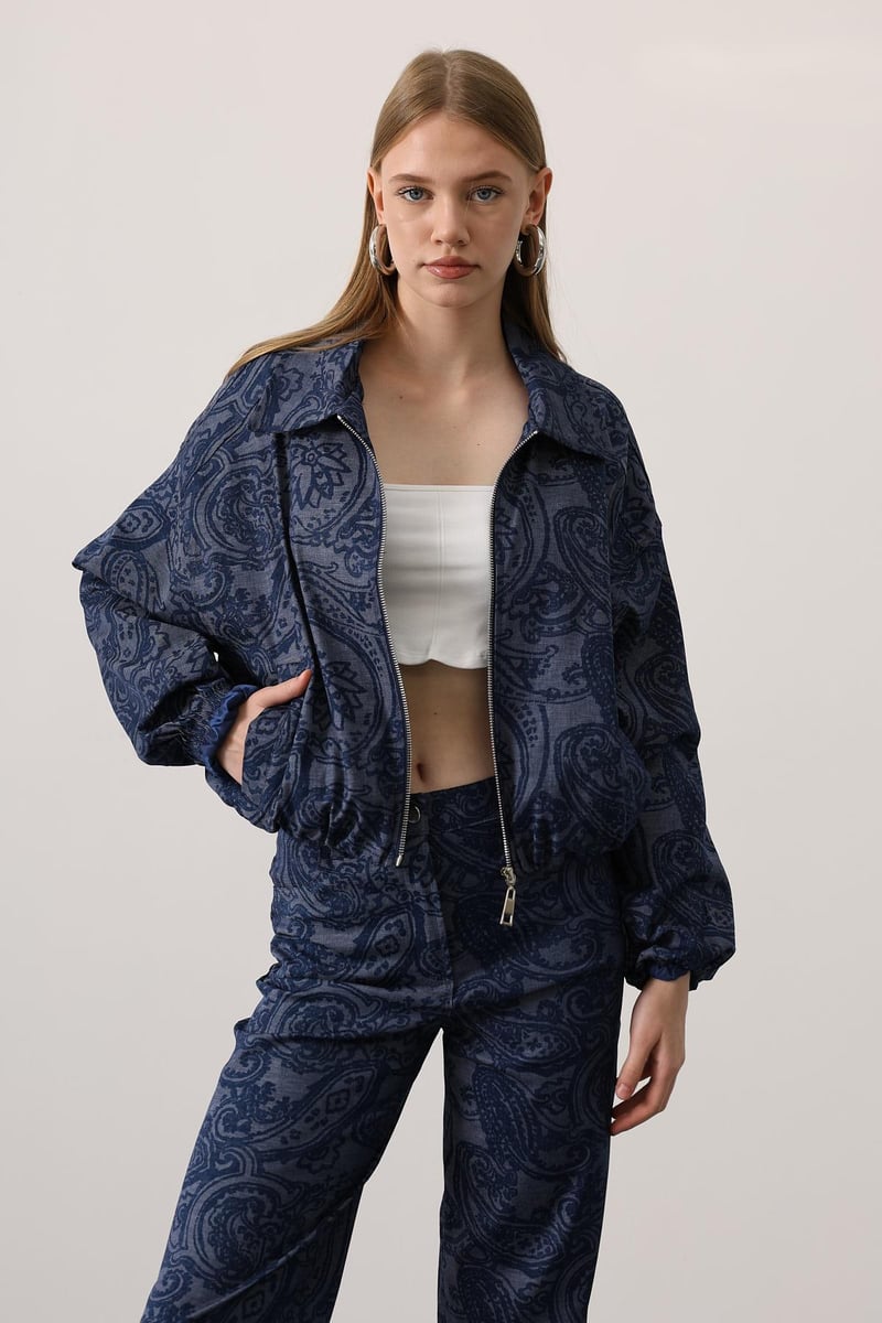Etnik Desenli Denim Ceket Pantolon Takımı