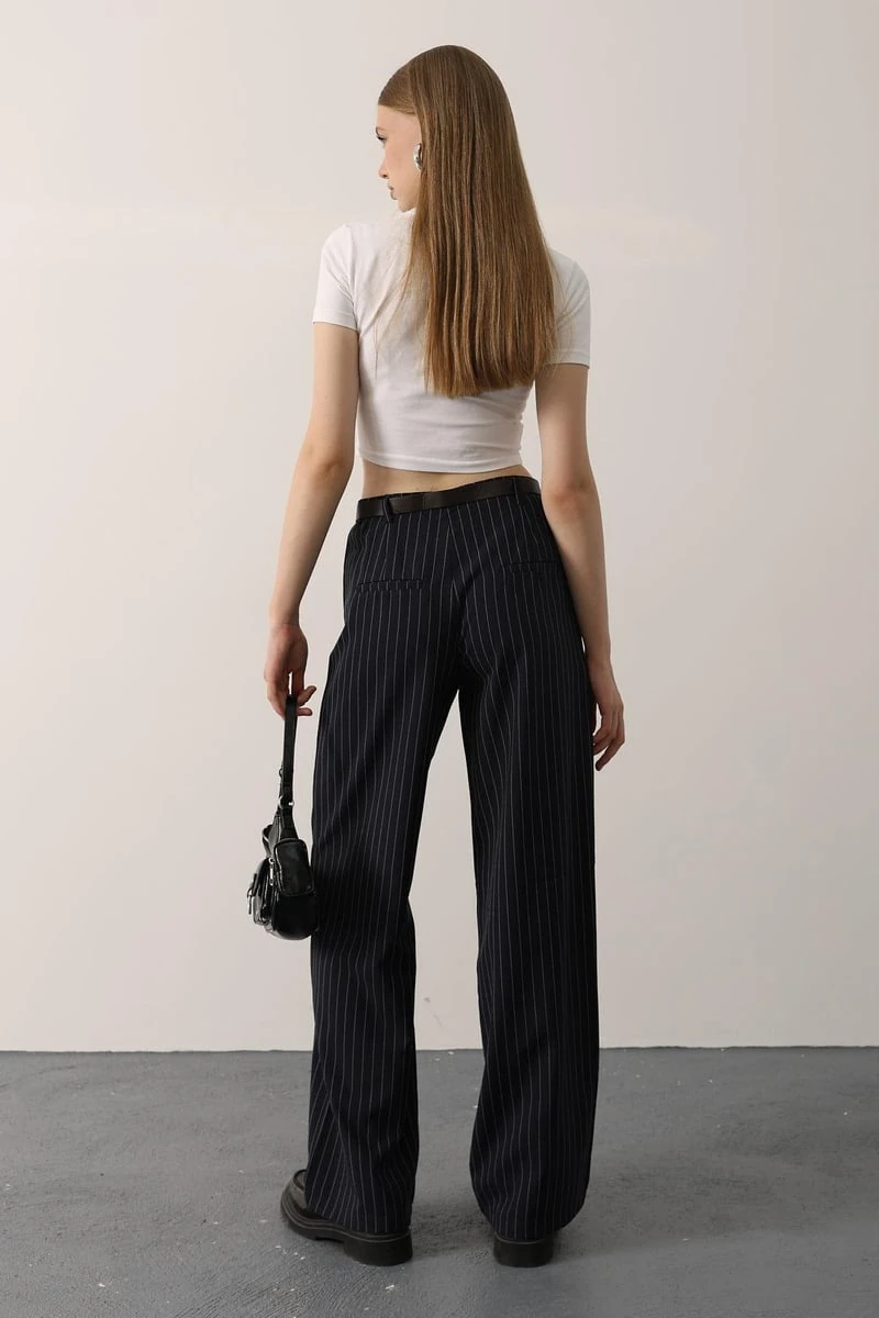 Kemerli Palazzo Pantolon - Lacivert Beyaz