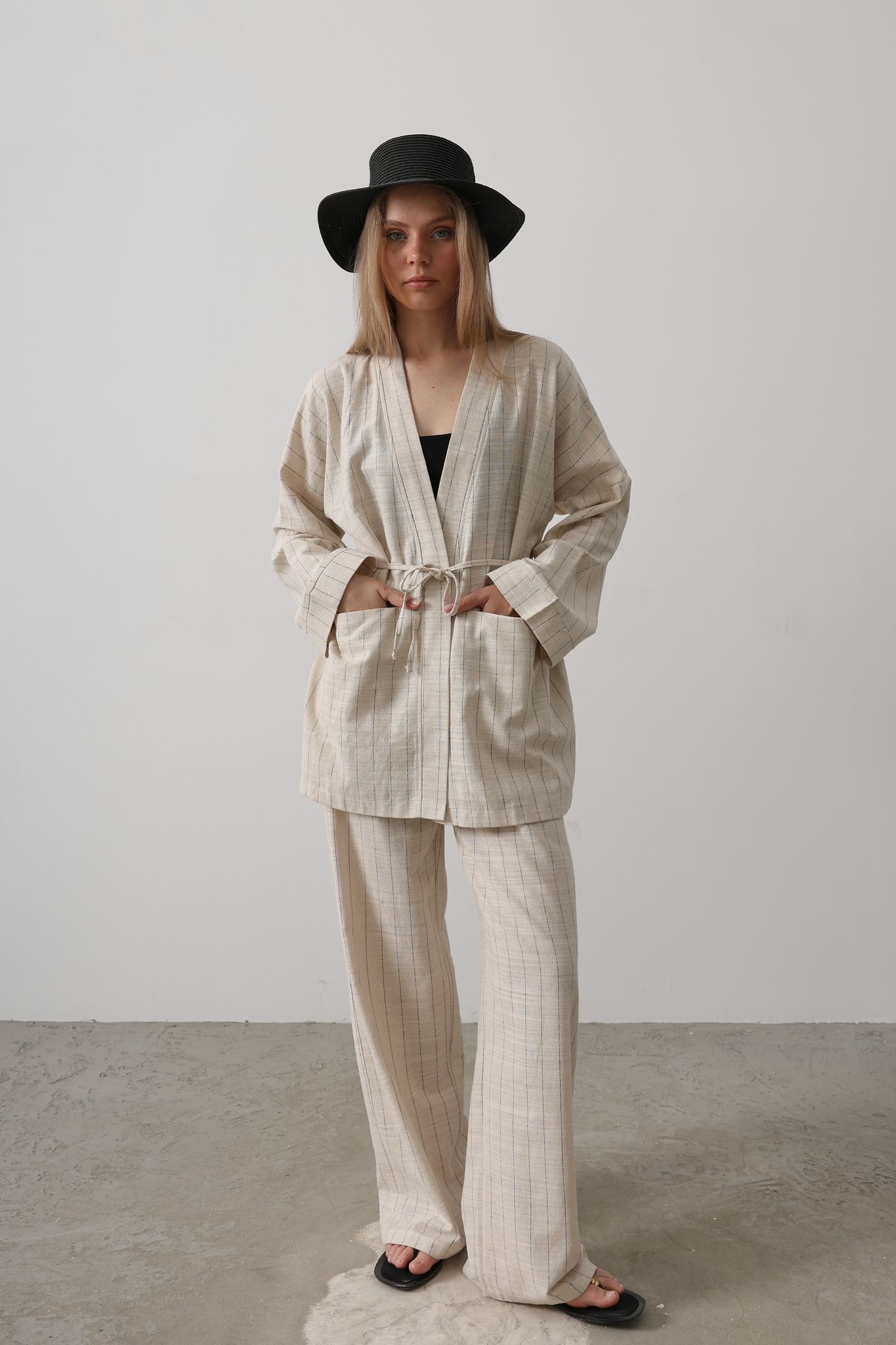 Çizgi Detaylı Keten Kimono Takımı