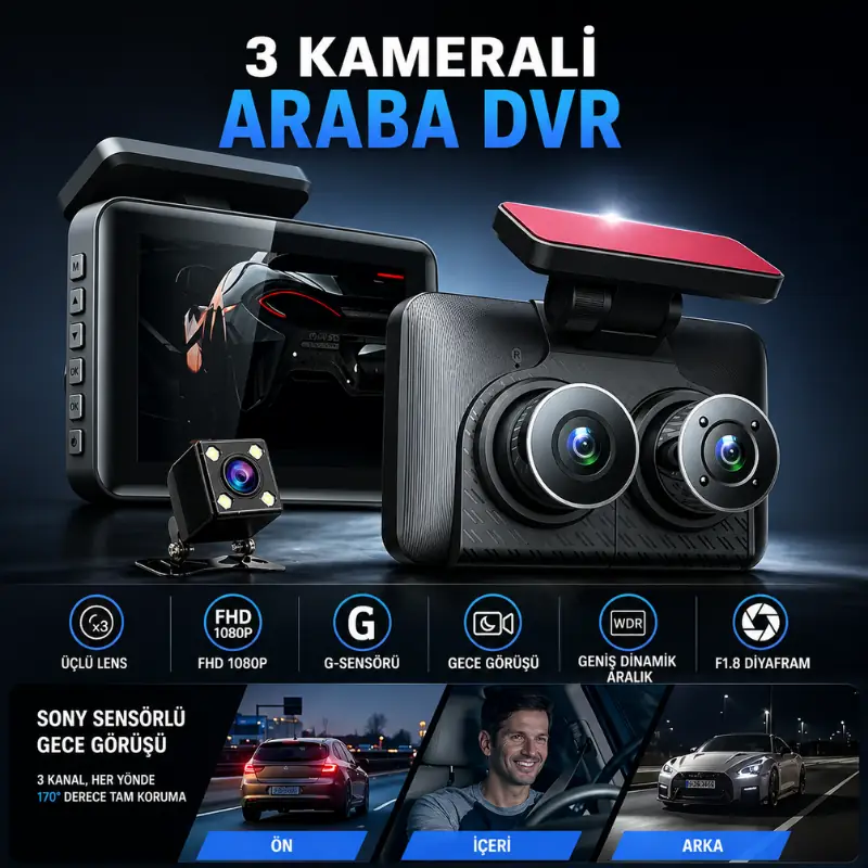 3'lü Araç Kamera Sistemi – 1080P Gece Görüş DVR