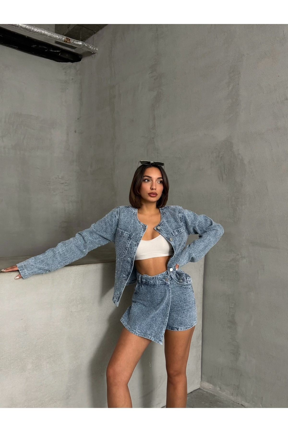 Mavi Dokulu Denim Mini Şort Etek MISSSE8017
