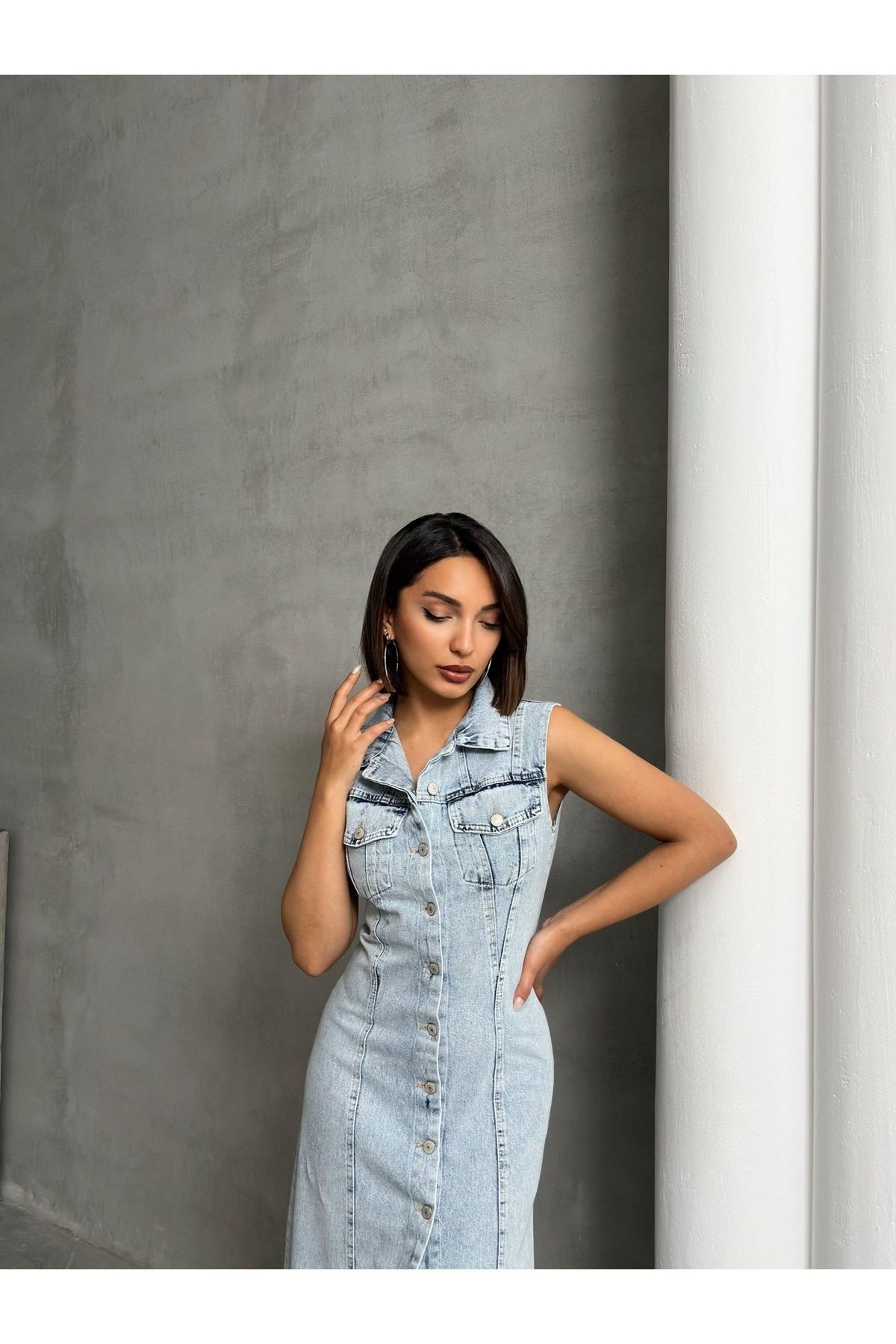 Gömlek Yaka Sıfır Kol Düğmeli Kar Yıkama Yazlık Denim Elbise MISSELB3575