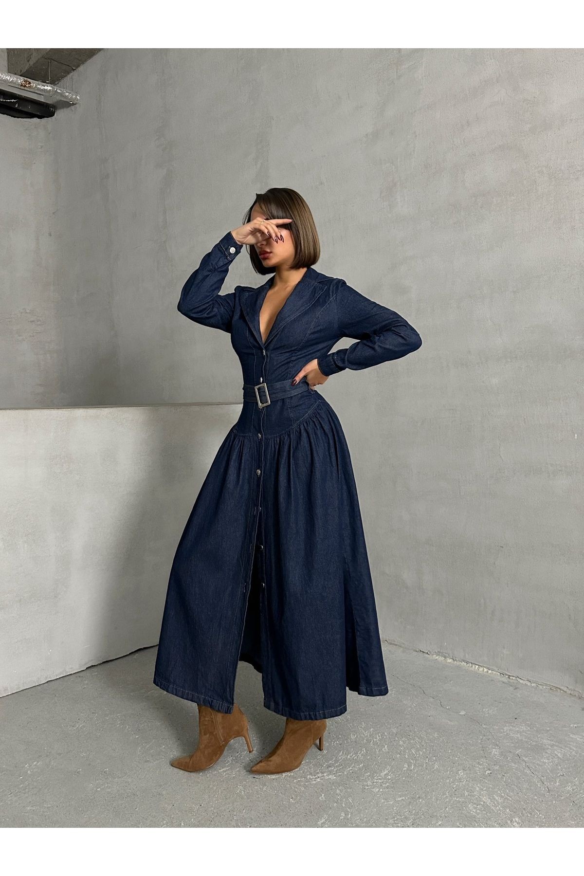 Tokalı Lacivert Denim Uzun Elbise MISSEL1055