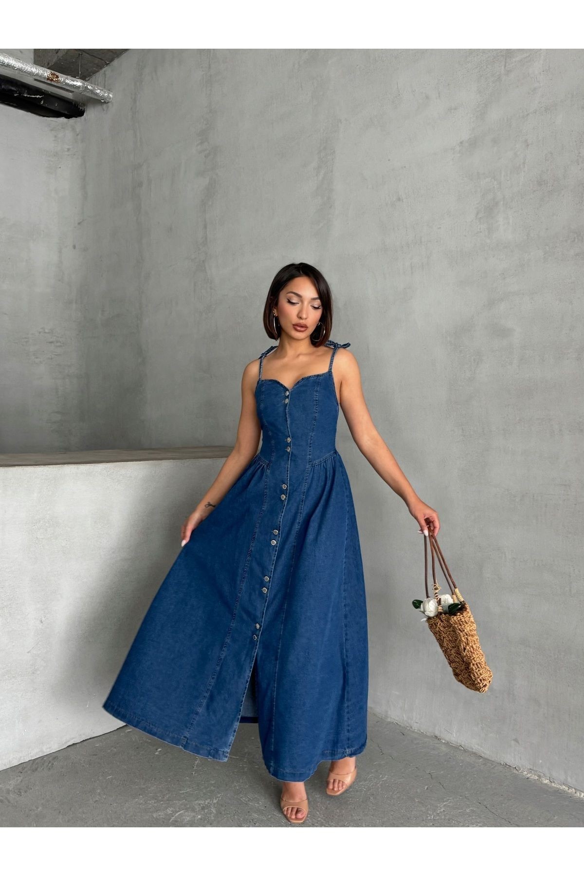 Boydan Çift Düğme Geçişli Bağlama Detay Askılı Lacivert Denim Elbise MISSEL927