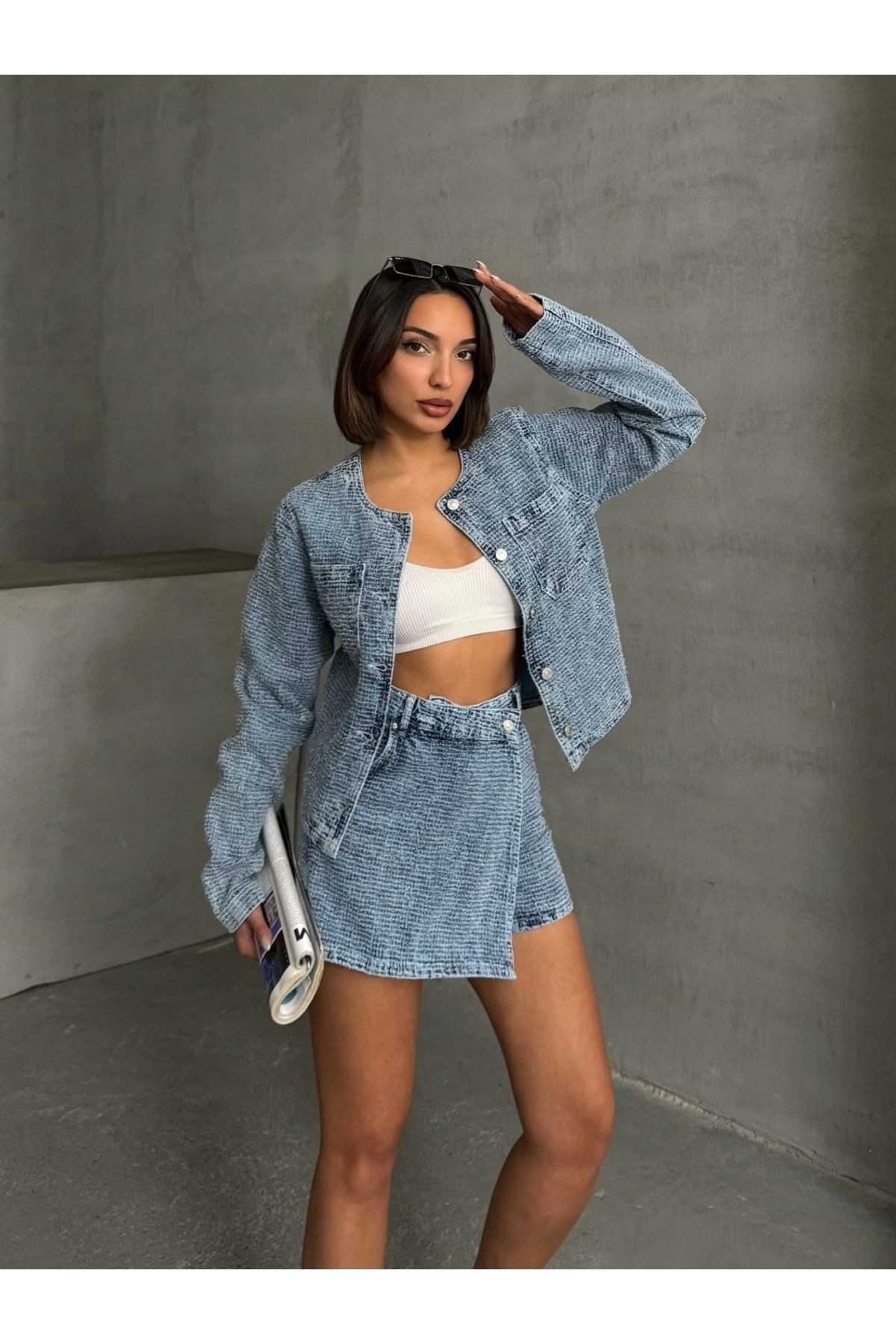 Mavi Dokulu Denim Mini Şort Etek MISSSE8017