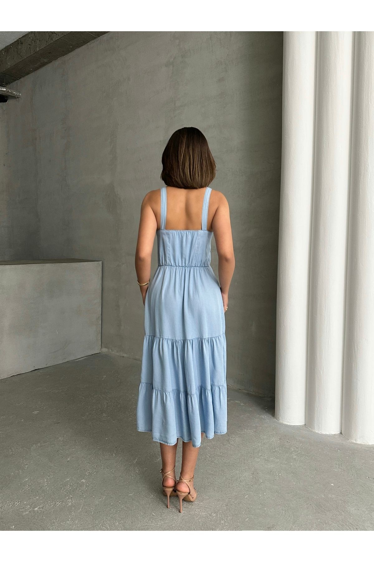 Düğme Detaylı Midi Boy Yazlık Denim Elbise MİSS930