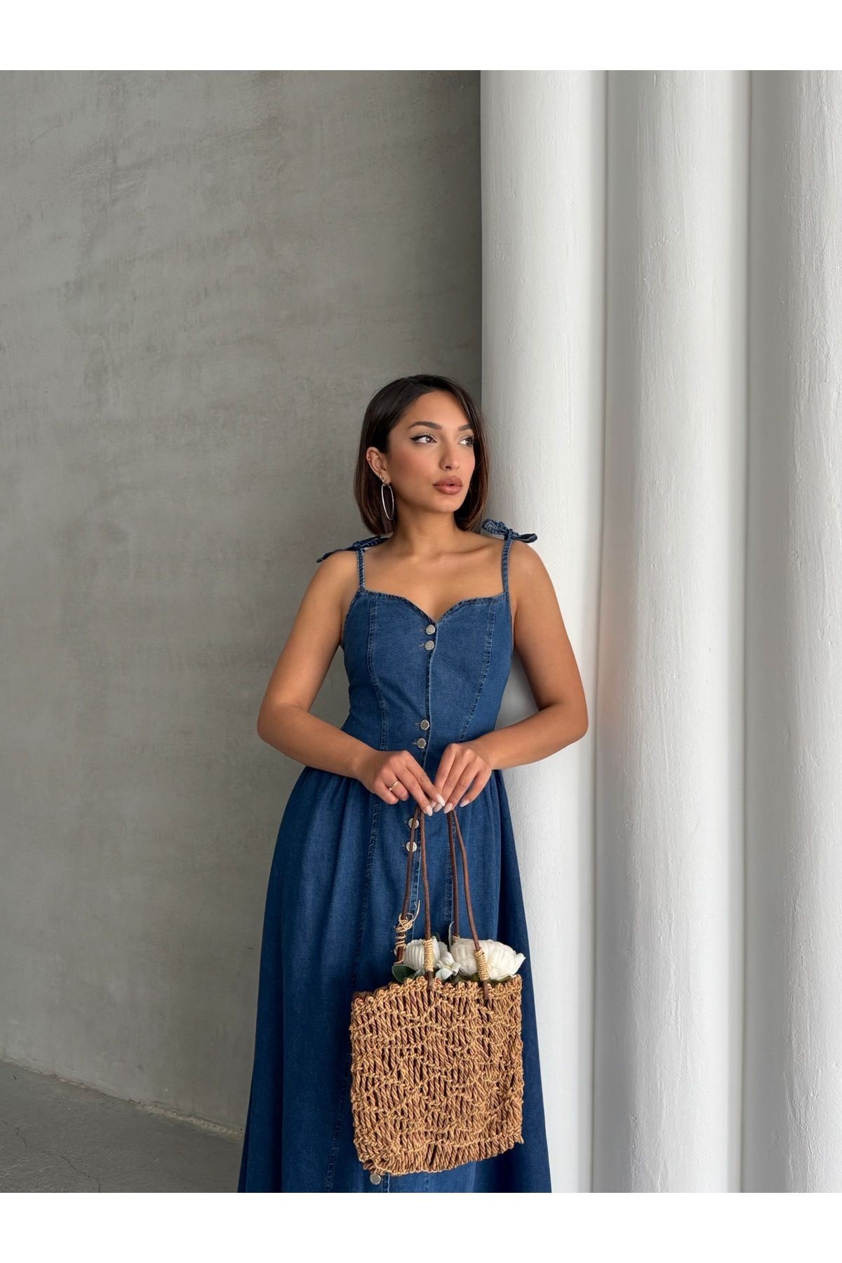 Boydan Çift Düğme Geçişli Bağlama Detay Askılı Lacivert Denim Elbise MISSEL927