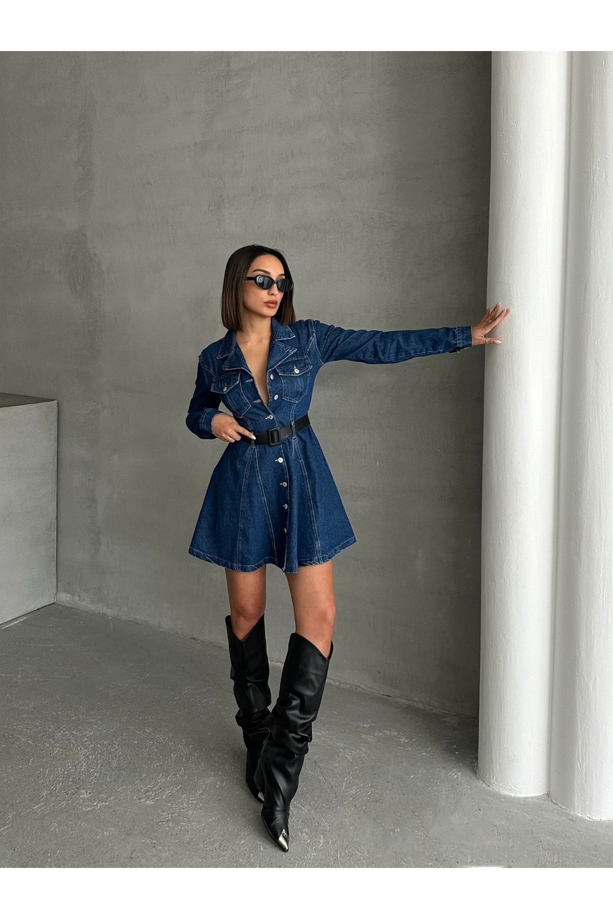 Lacivert Siyah Kemerli Mini Denim Elbise MISSEL3418