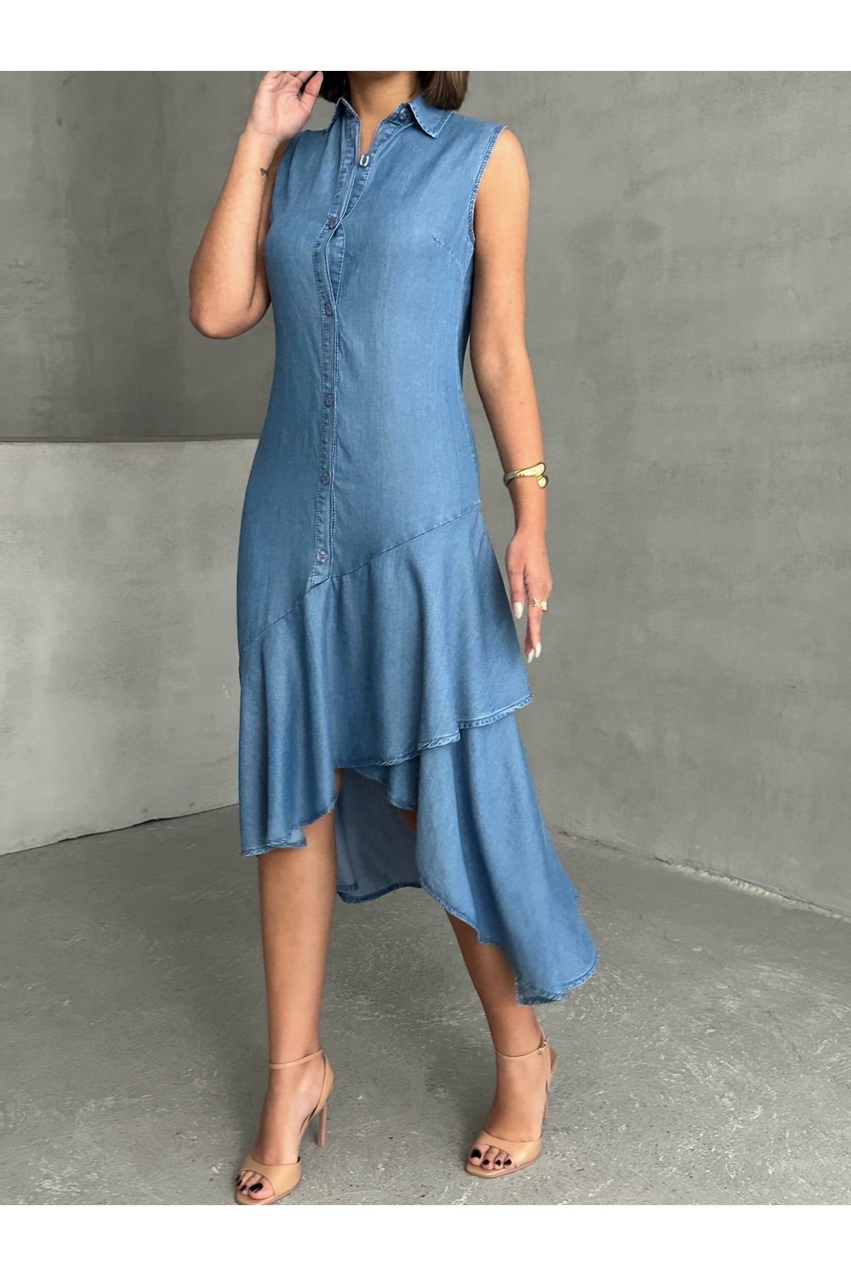 Gömlek Yaka Düğmeli Fır Fır Detaylı Yazlık Denim Elbise MİSS933
