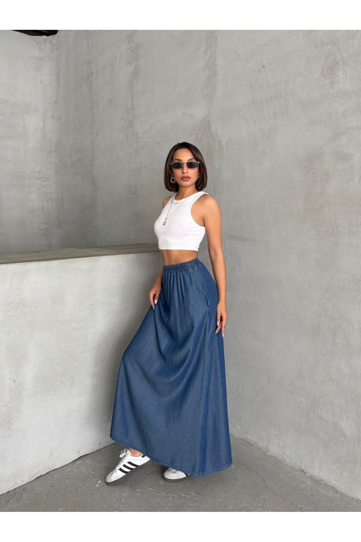 Bel Lastikli Yazlık Uzun Mavi Denim Etek MISSETK948