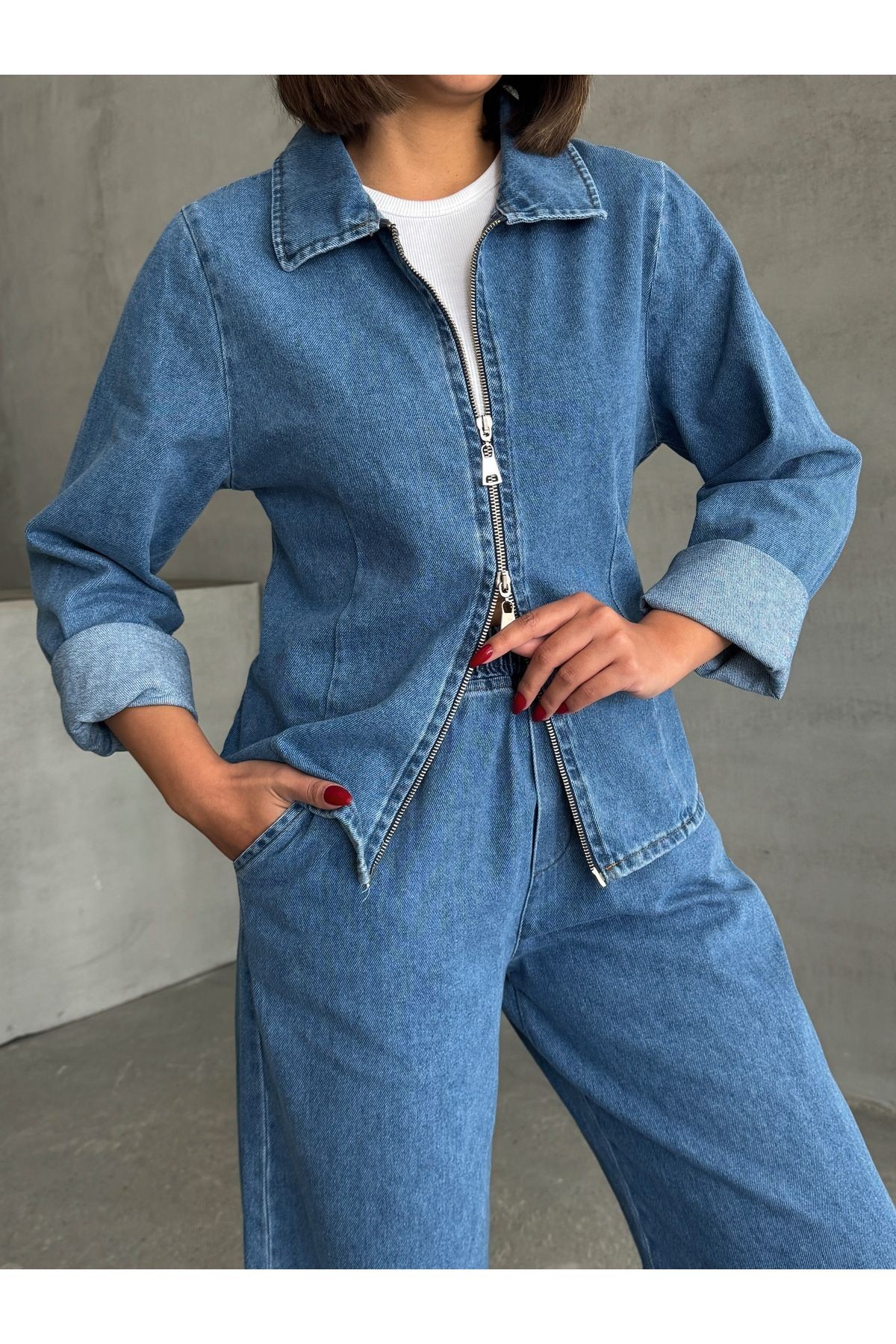 Çift Fermuar Detay Gömlek Bol Pantolon Denim Takım MİSSPT939