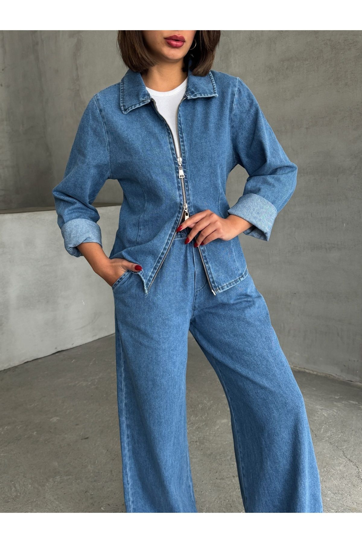 Çift Fermuar Detay Gömlek Bol Pantolon Denim Takım MİSSPT939