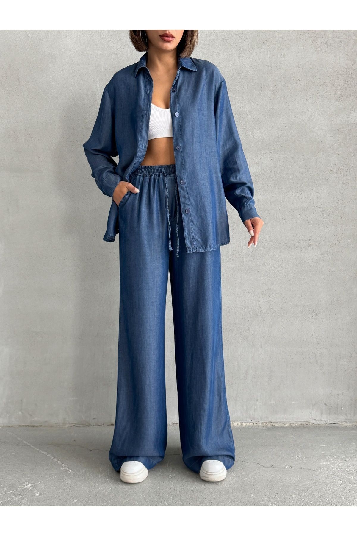 Denim Gömlek ve Bel Lastikli Pantolon Lacivert İkili Takım MISSTKLAC941