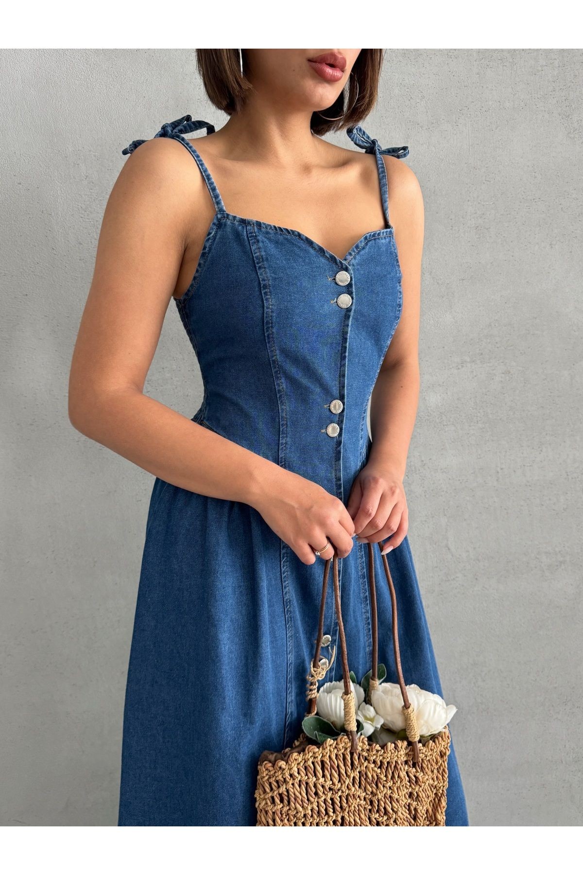 Boydan Çift Düğme Geçişli Bağlama Detay Askılı Lacivert Denim Elbise MISSEL927