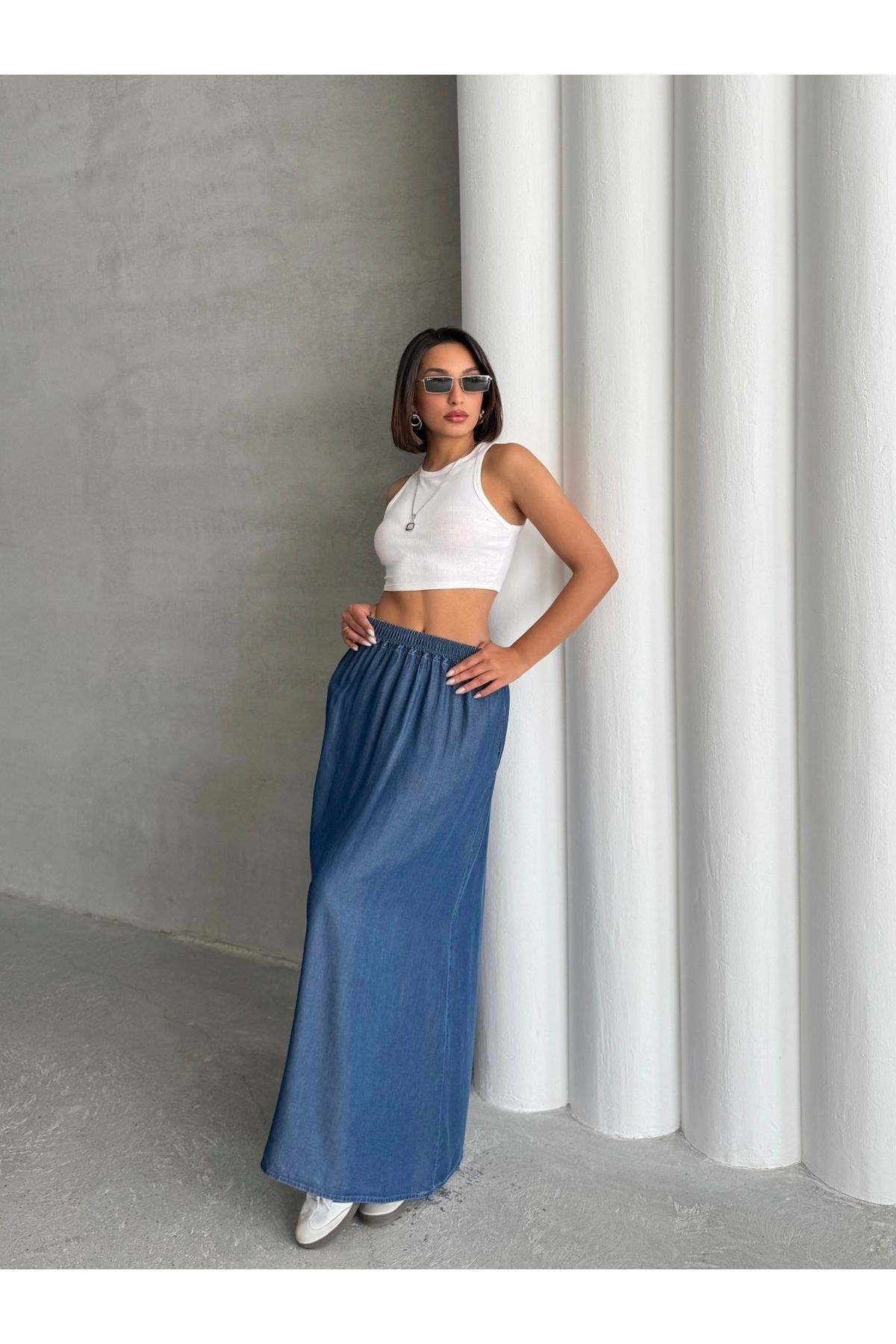 Bel Lastikli Yazlık Uzun Mavi Denim Etek MISSETK948