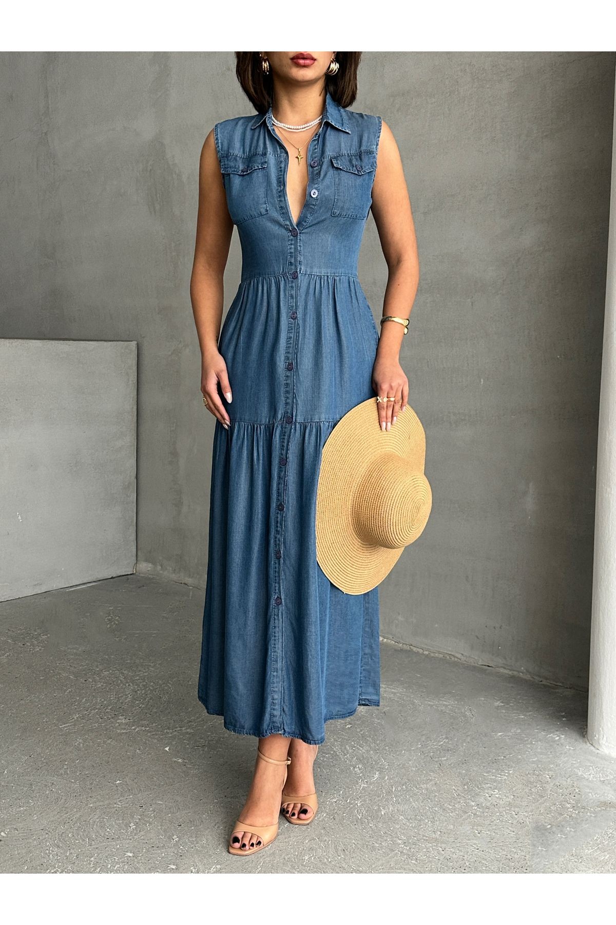 Gömlek Yaka Boydan Düğmeli Cep Detaylı Yazlık Denim Elbise MİSS8994