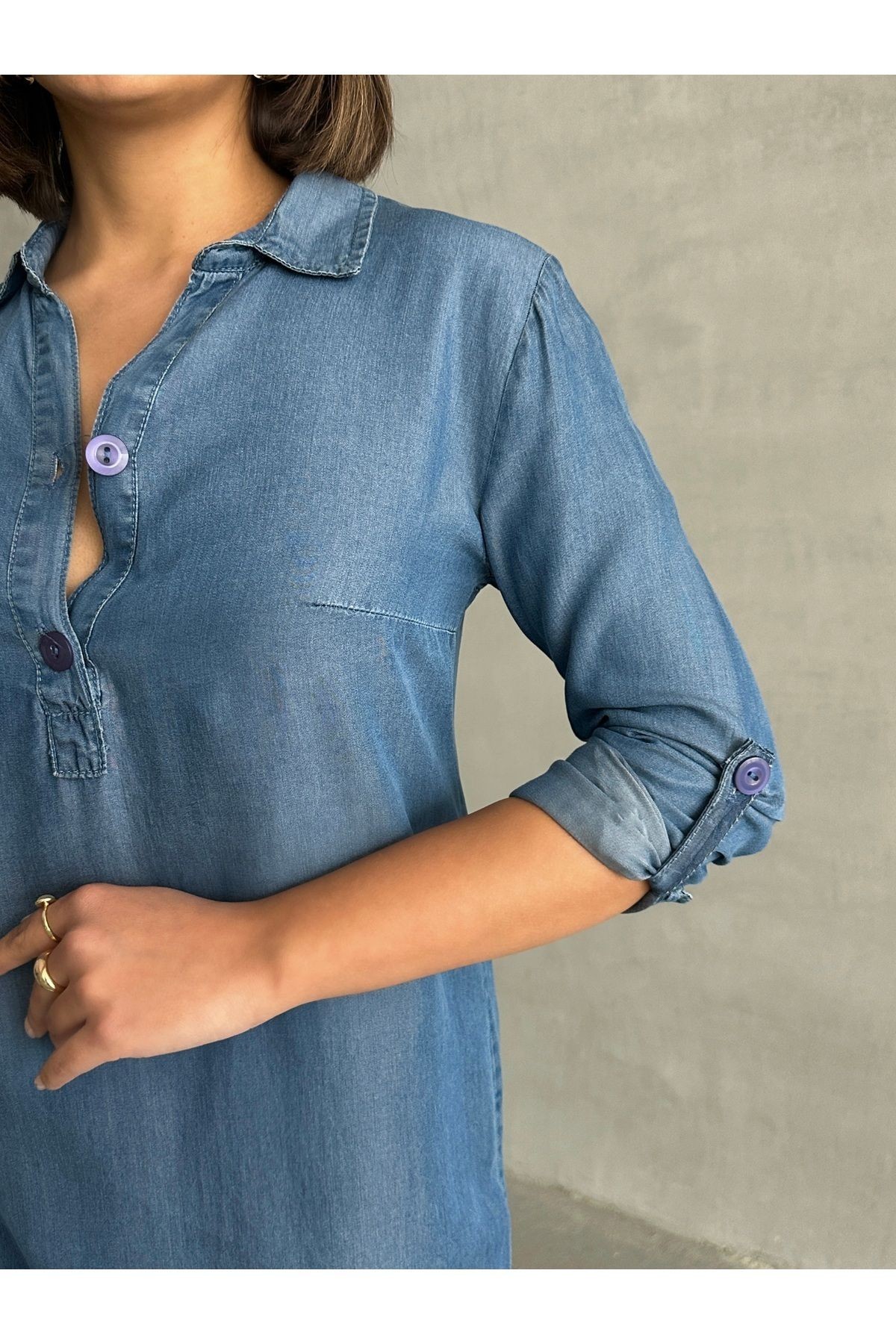 Gömlek Yaka Düğmeli Uzun Kol Detaylı Yazlık Denim Elbise MISSEL8979