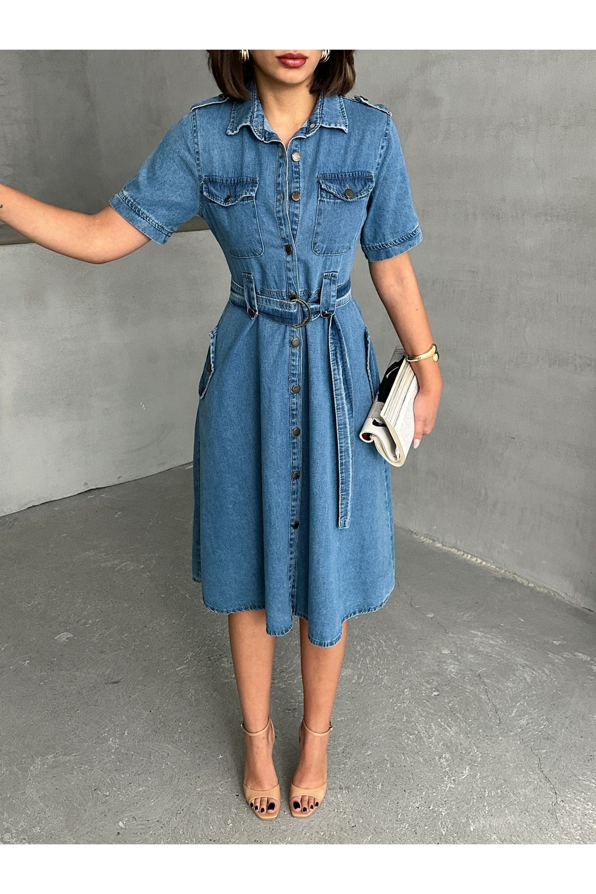 Yarım Kollu Kemerli Midi Boy Denim Elbise MISSEL921