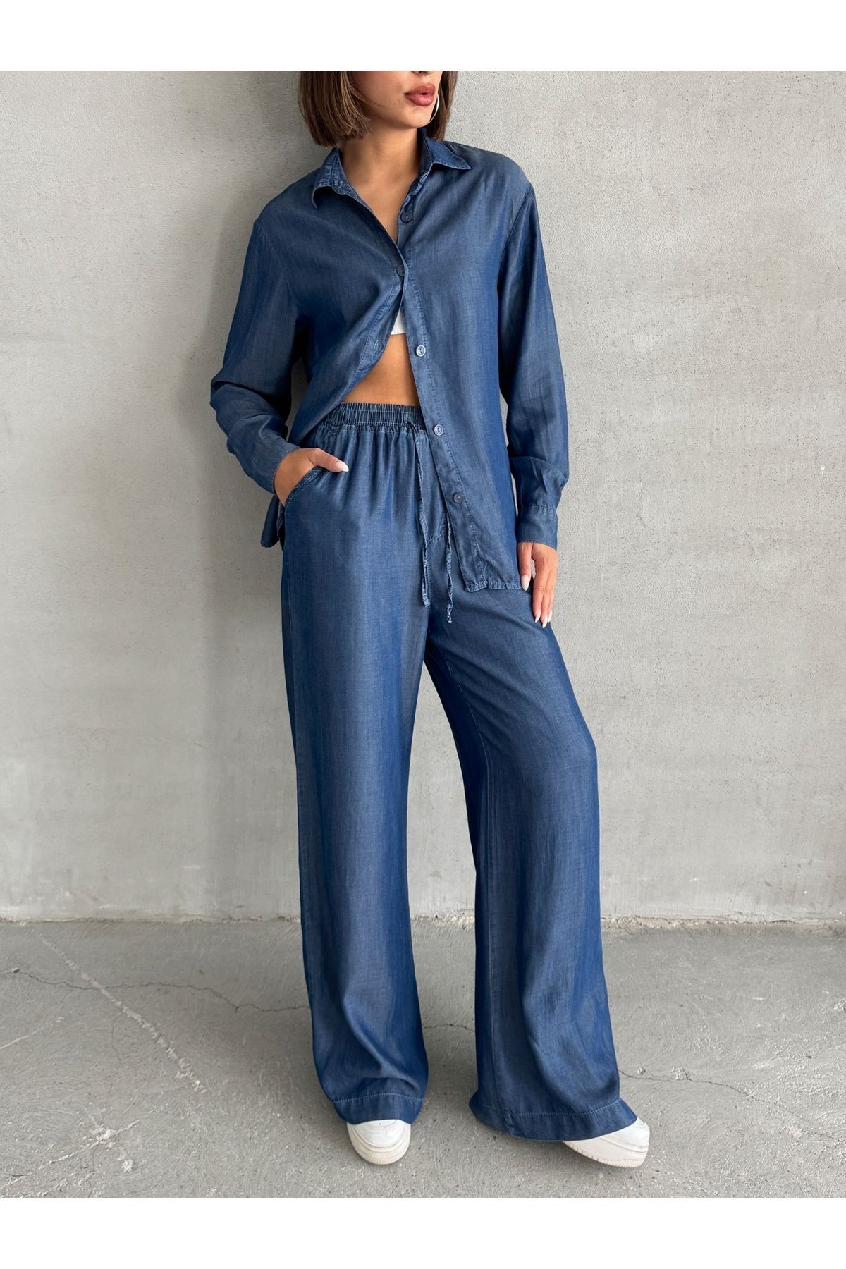 Denim Gömlek ve Bel Lastikli Pantolon Lacivert İkili Takım MISSTKLAC941