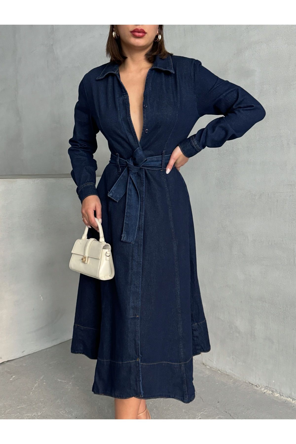 Kuşaklı Maxi Boy Denim Elbise MISSEL398