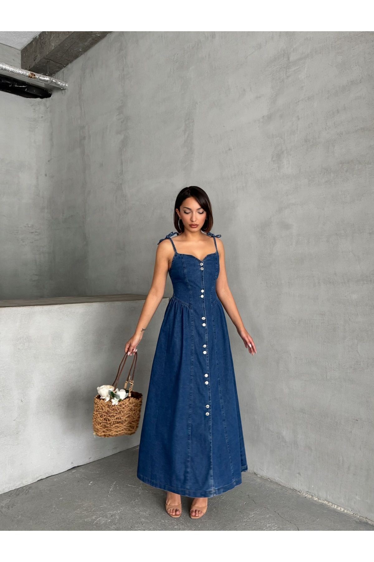 Boydan Çift Düğme Geçişli Bağlama Detay Askılı Lacivert Denim Elbise MISSEL927