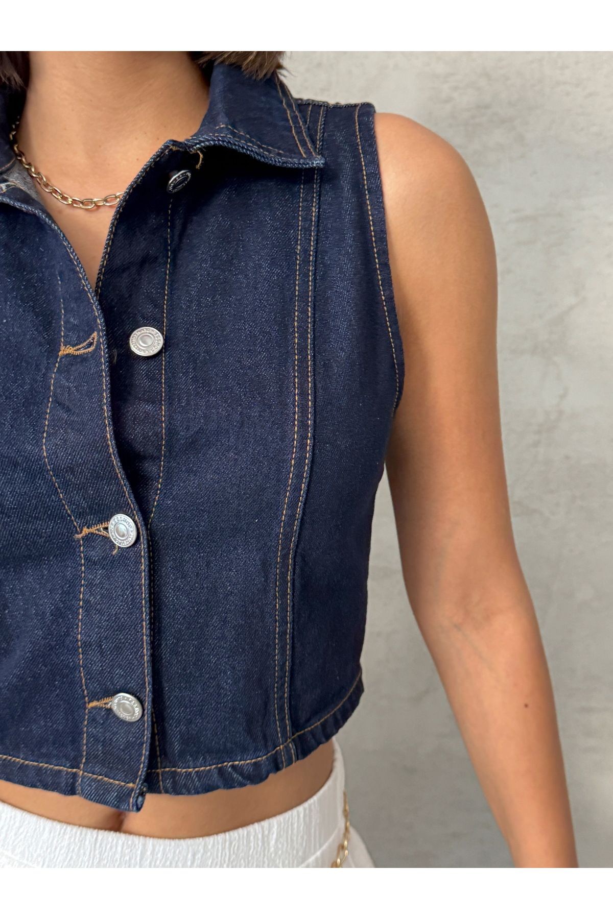 Düğmeli Gömlek Yaka Sıfır Kol Denim Yelek MISSYLK778
