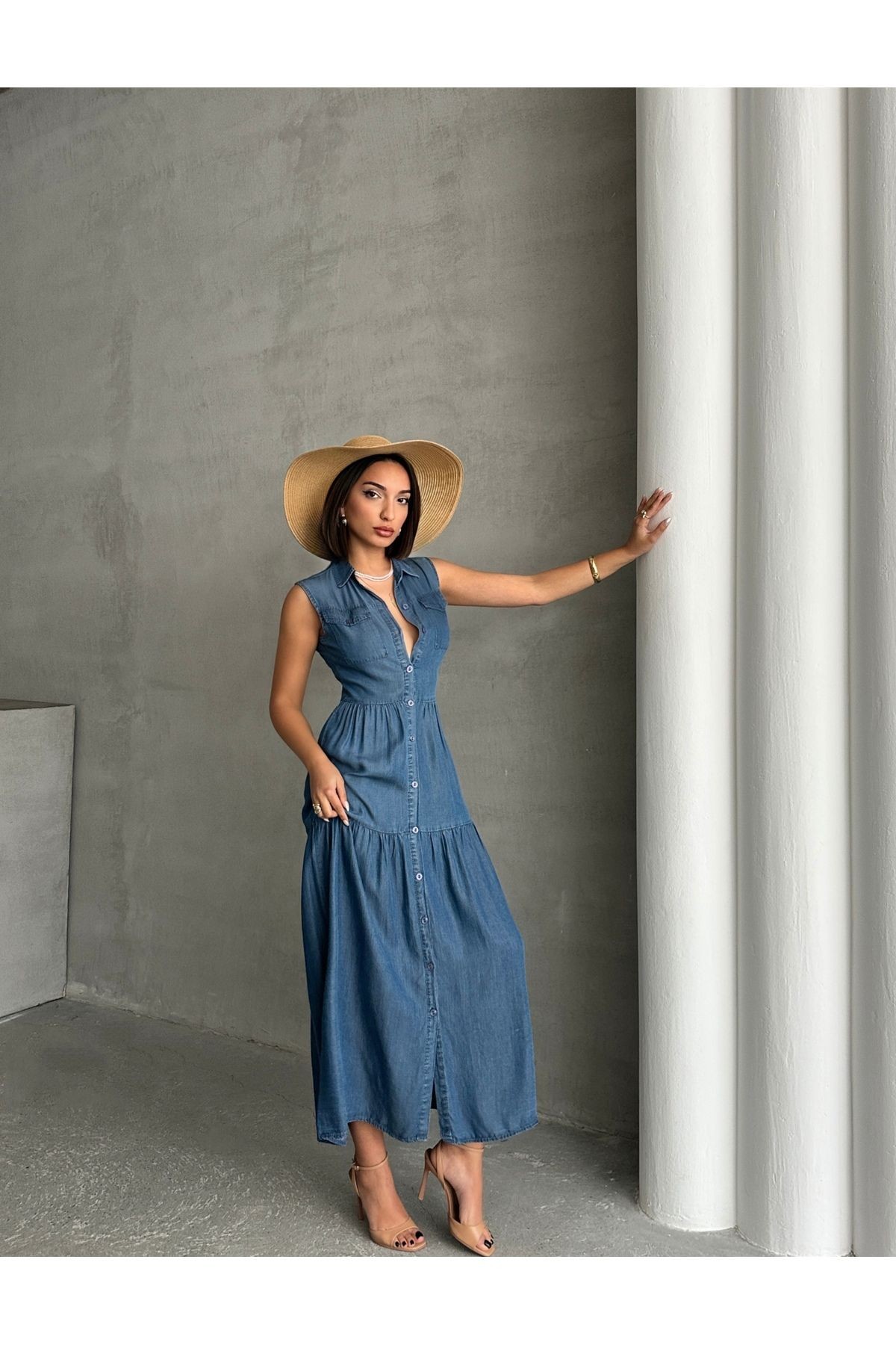Gömlek Yaka Boydan Düğmeli Cep Detaylı Yazlık Denim Elbise MİSS8994
