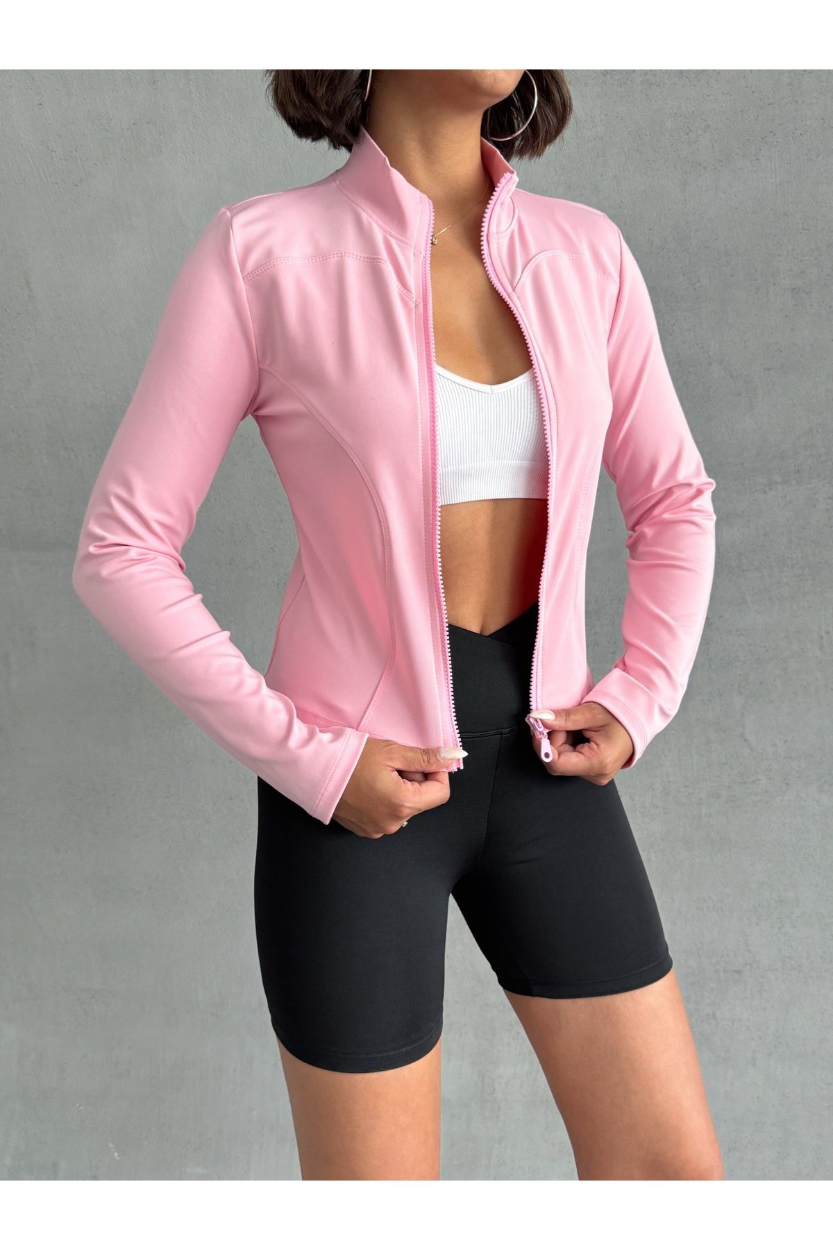 Pembe Vücuda Oturan Fermuarlı Dik Yaka Örme Spor Ceket Mıssce05922