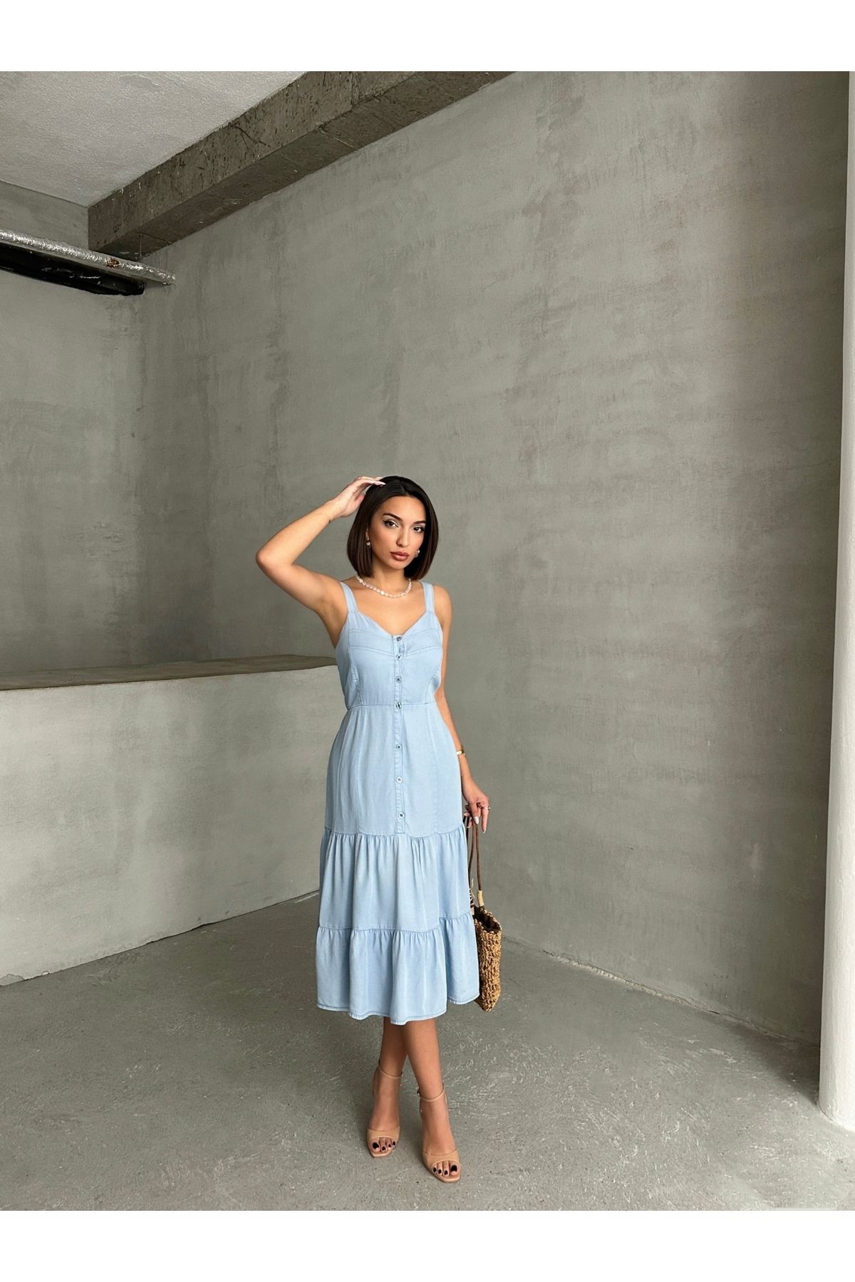 Düğme Detaylı Midi Boy Yazlık Denim Elbise MİSS930