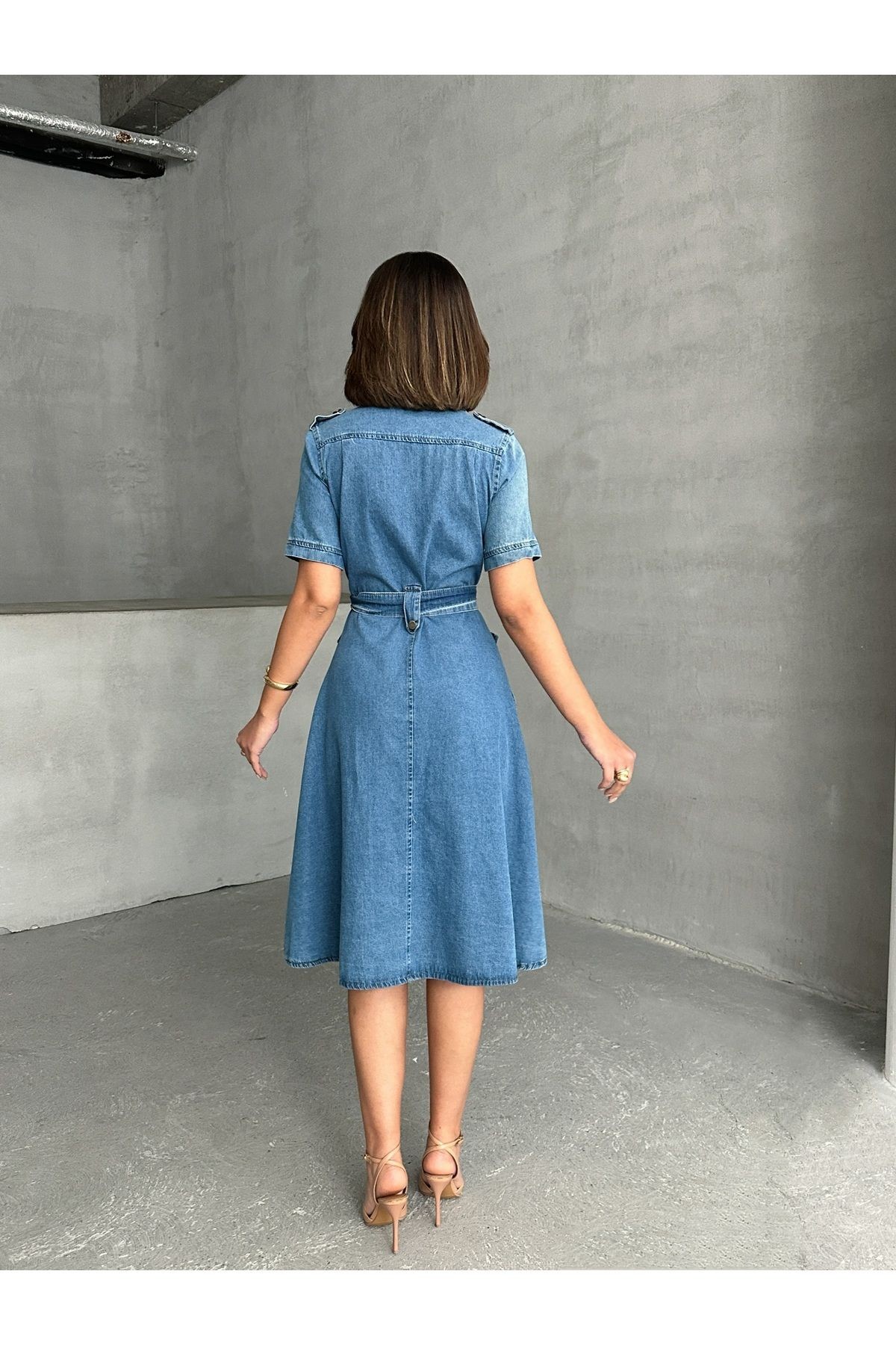 Yarım Kollu Kemerli Midi Boy Denim Elbise MISSEL921